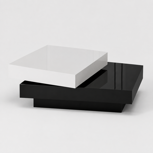 Table basse pivotante moderne à double plateau – Noir & blanc laqué, rangement 2 niveaux