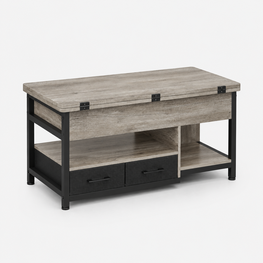 Table basse relevable extensible grise avec rangements – Plateau relevable, 4 à 6 couverts