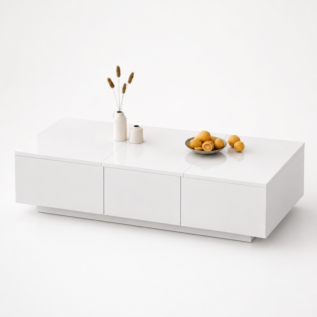 Table basse blanche laquée avec rangement et tiroirs design – Ouverture par pression