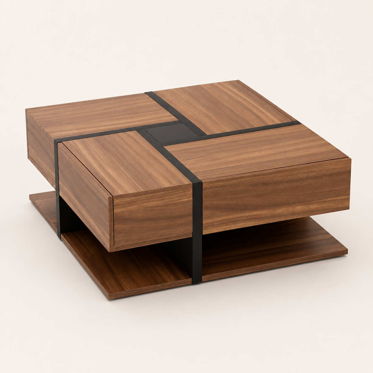 Table basse carrée bois et noir avec tiroirs de rangement – 4 tiroirs & plateau inférieur