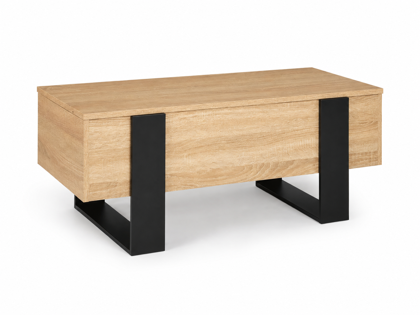 Table basse relevable en bois et noir style industriel – plateau relevable et rangement