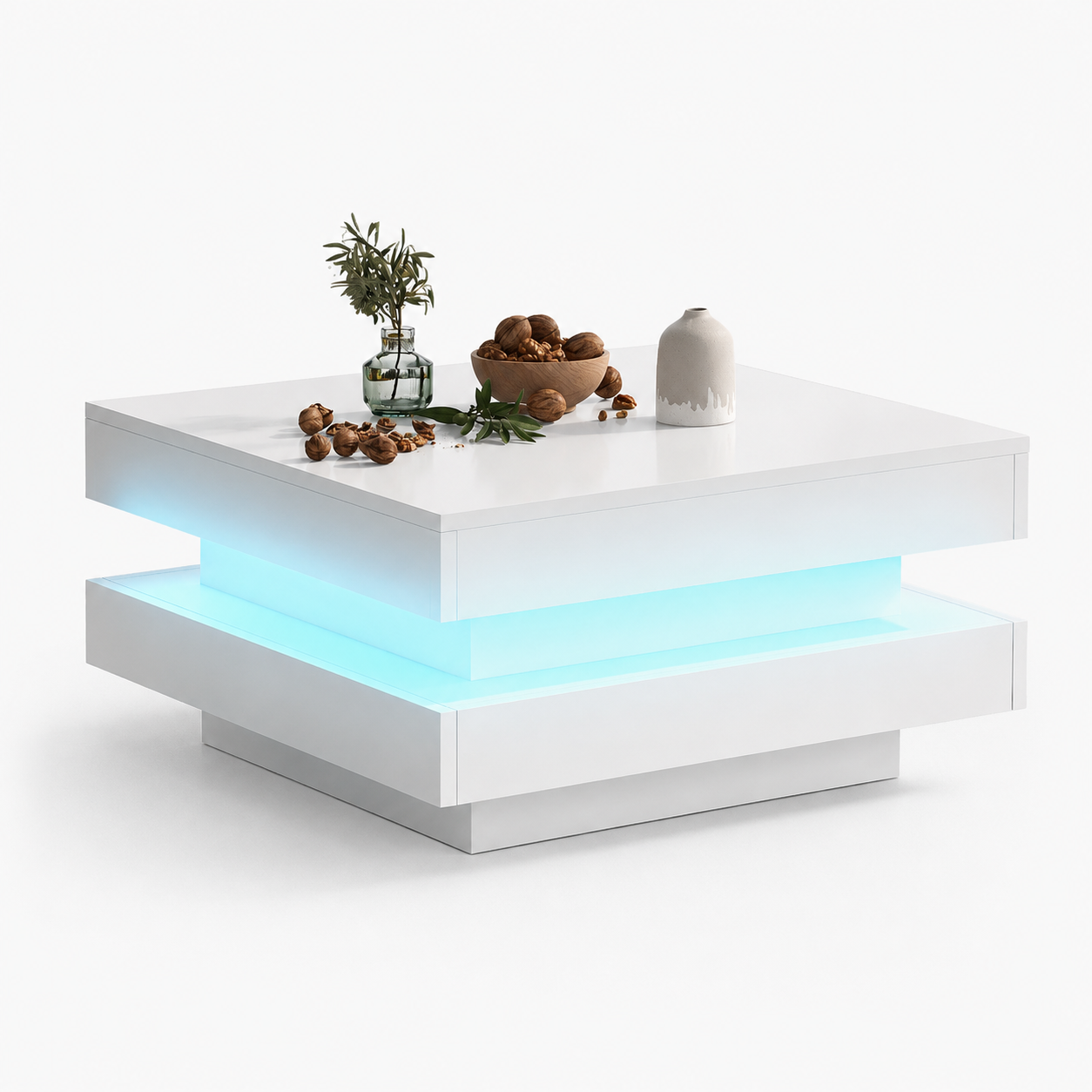 Table basse carrée blanche avec LED et plateau pivotant – Plateau pivotant 360°
