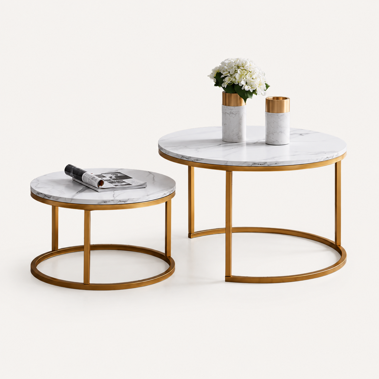 Table basse gigogne ronde effet marbre blanc et métal doré – 2 tables