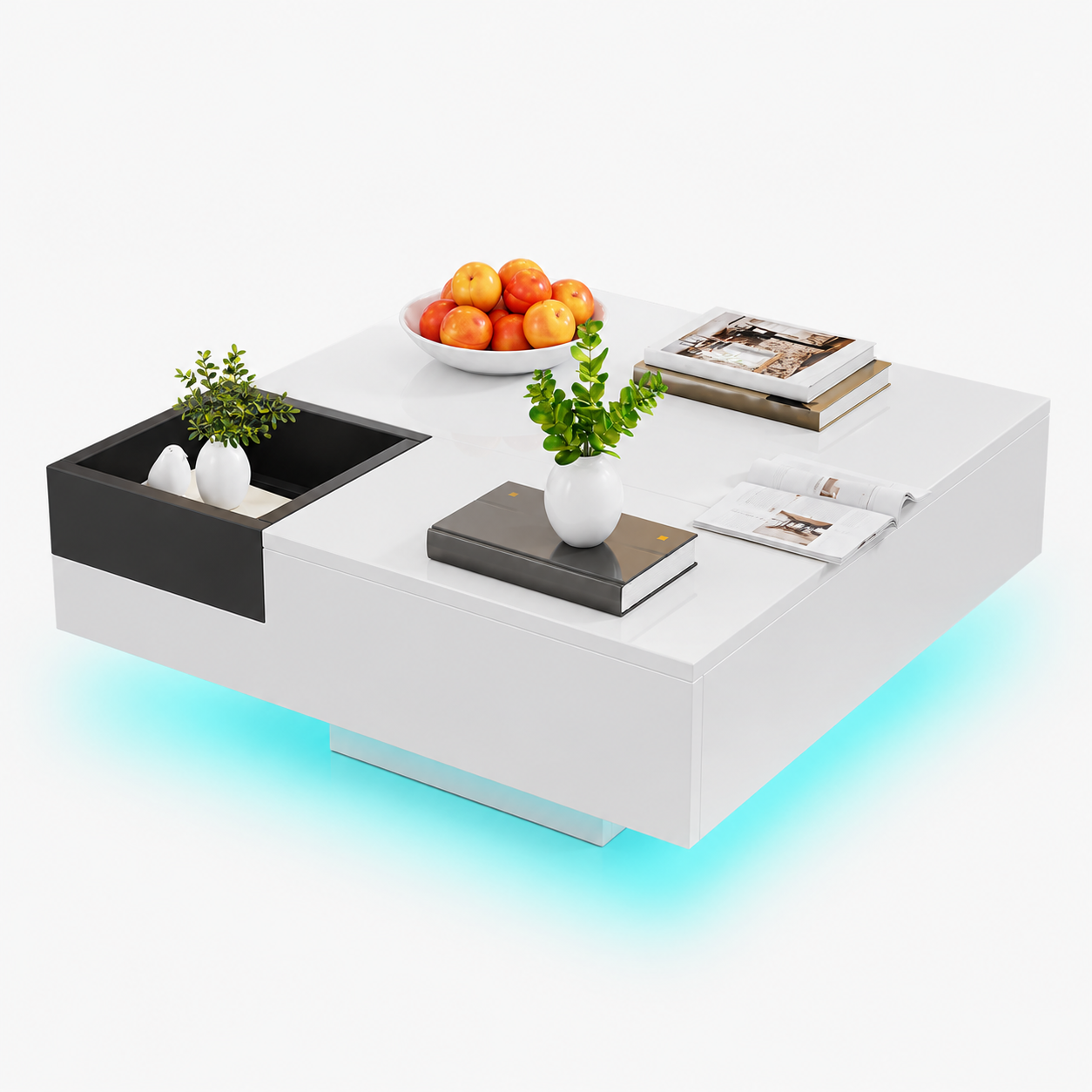 Table basse carrée avec LED et rangement amovible – Coffre amovible & LED