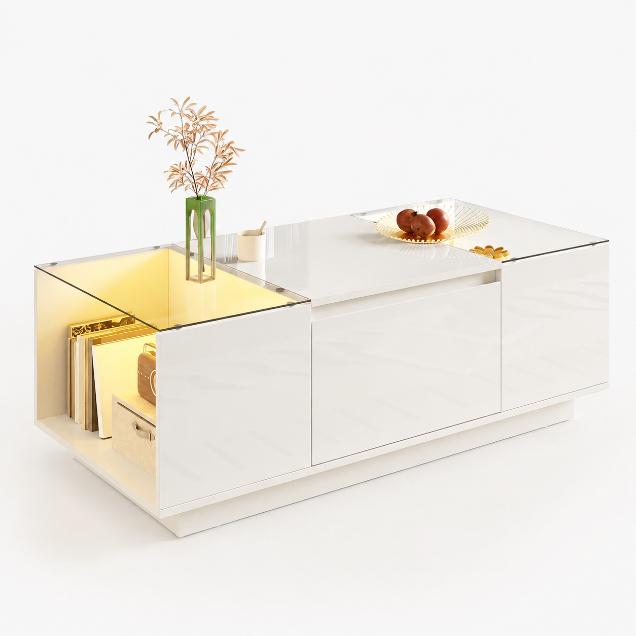 Table basse moderne en verre avec LED et rangements – LED Bluetooth 16 couleurs