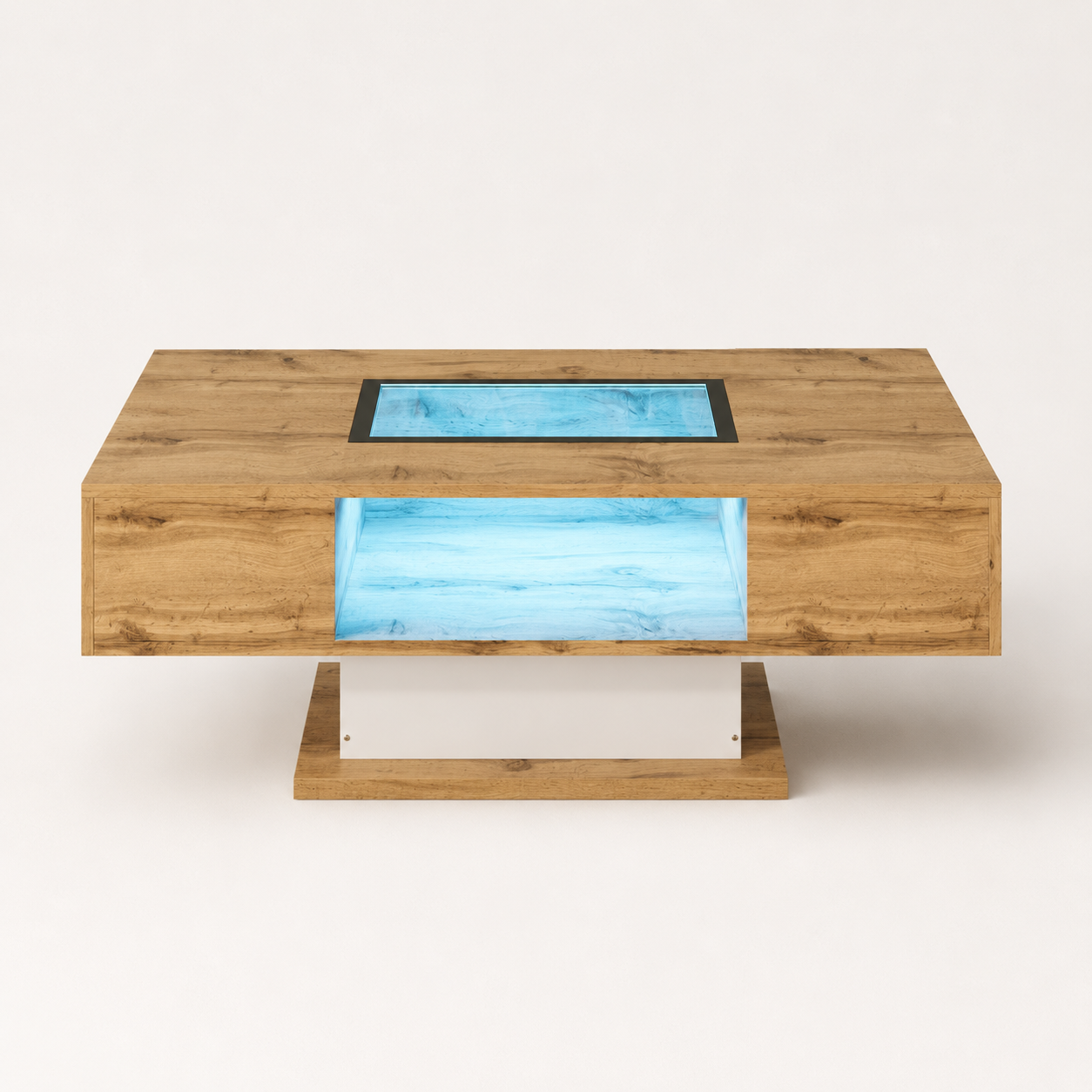 Table basse bois et verre moderne avec LED et rangements – Vitrine LED & 2 tiroirs