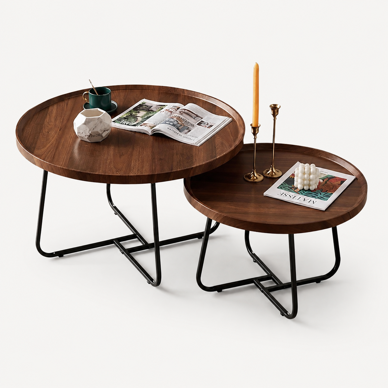Table basse gigogne ronde en bois de noyer – Pieds métal noir, 2 tables