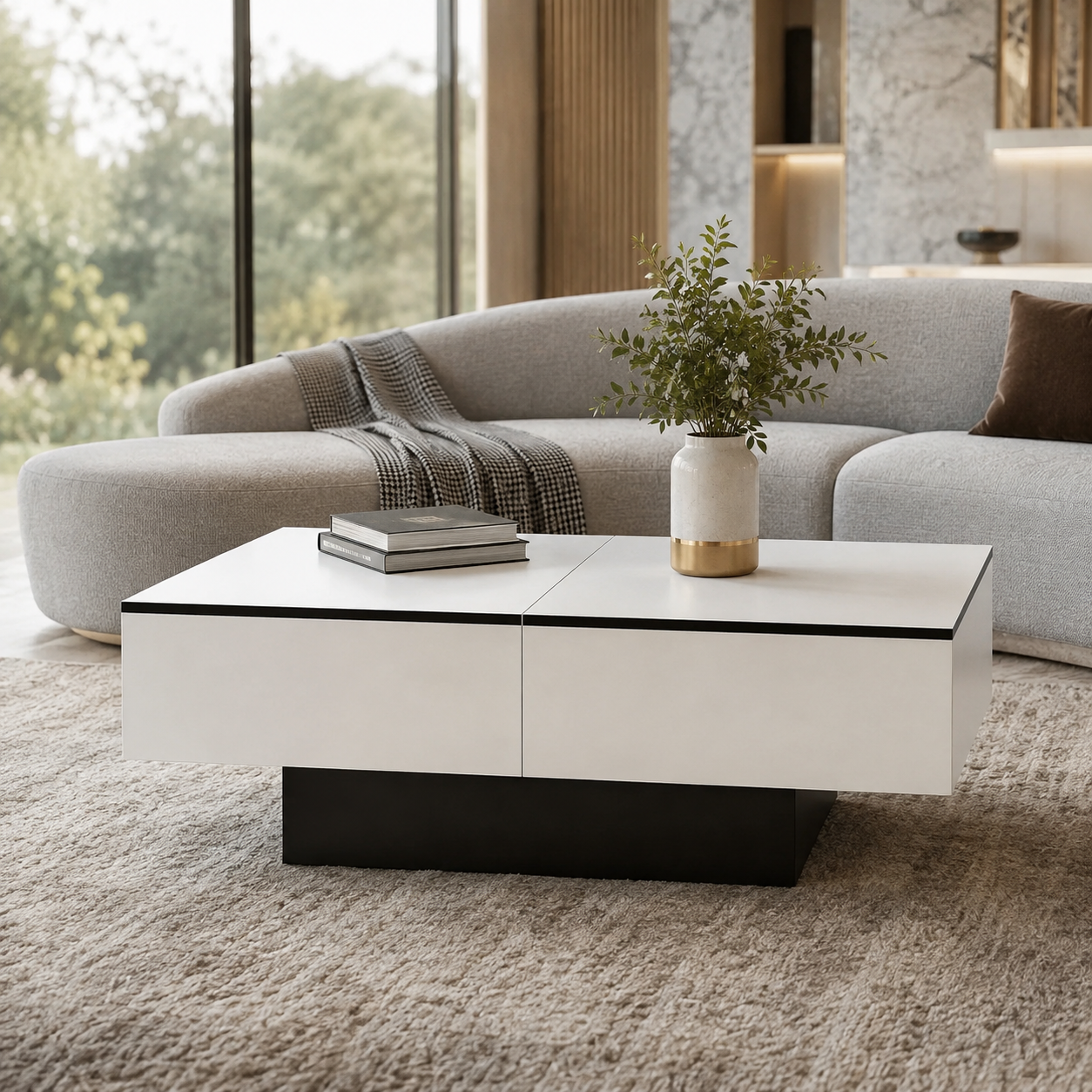 Table basse rectangulaire extensible avec rangements noire et blanche – Plateau extensible