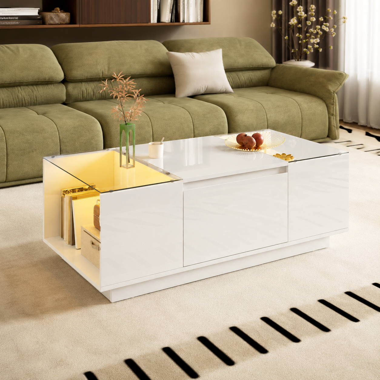 Table basse moderne en verre avec LED et rangements – LED Bluetooth 16 couleurs
