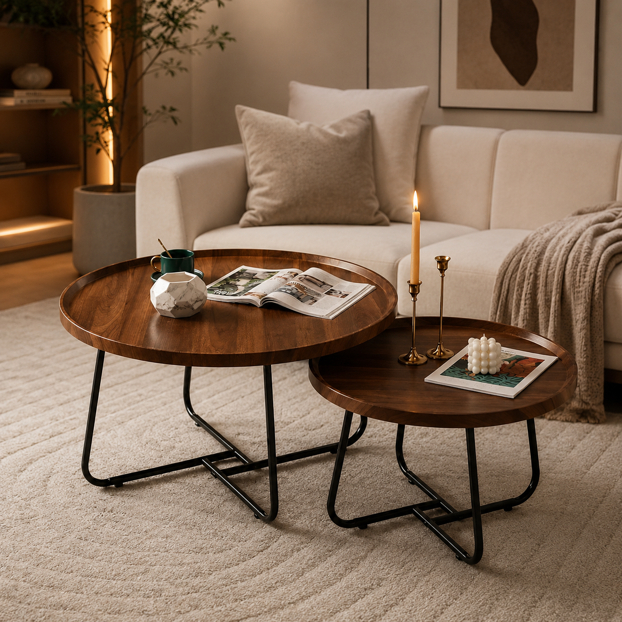 Table basse gigogne ronde en bois de noyer – Pieds métal noir, 2 tables