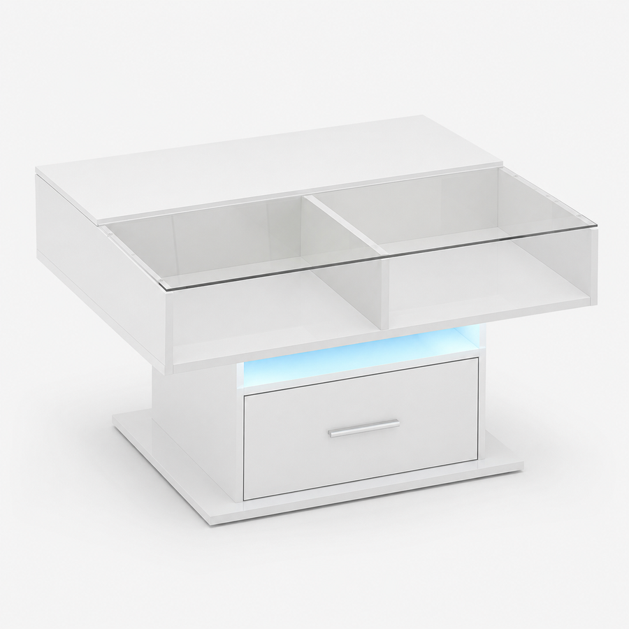Table basse relevable avec LED et rangement – Plateau relevable & LED Bluetooth