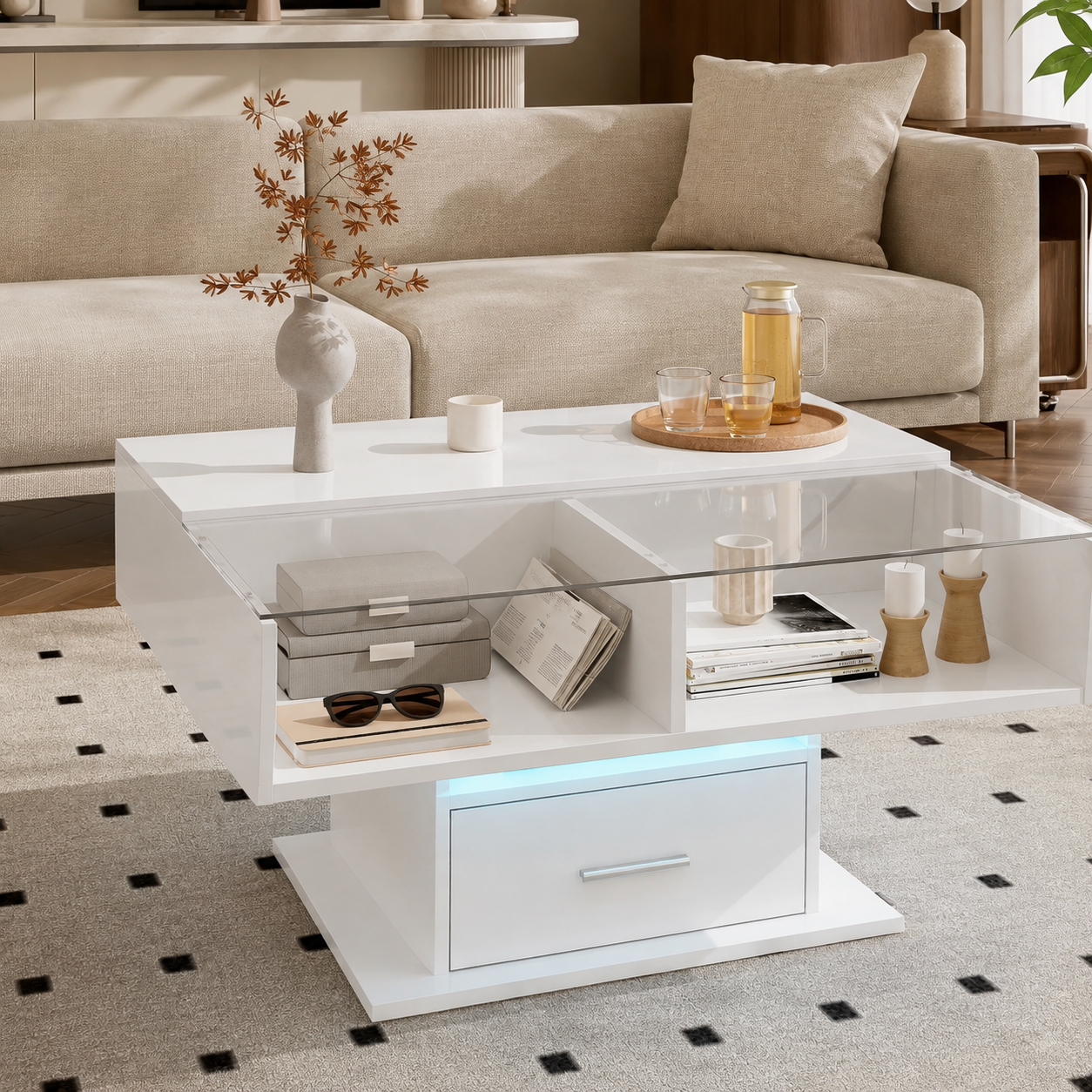 Table basse relevable avec LED et rangement – Plateau relevable & LED Bluetooth