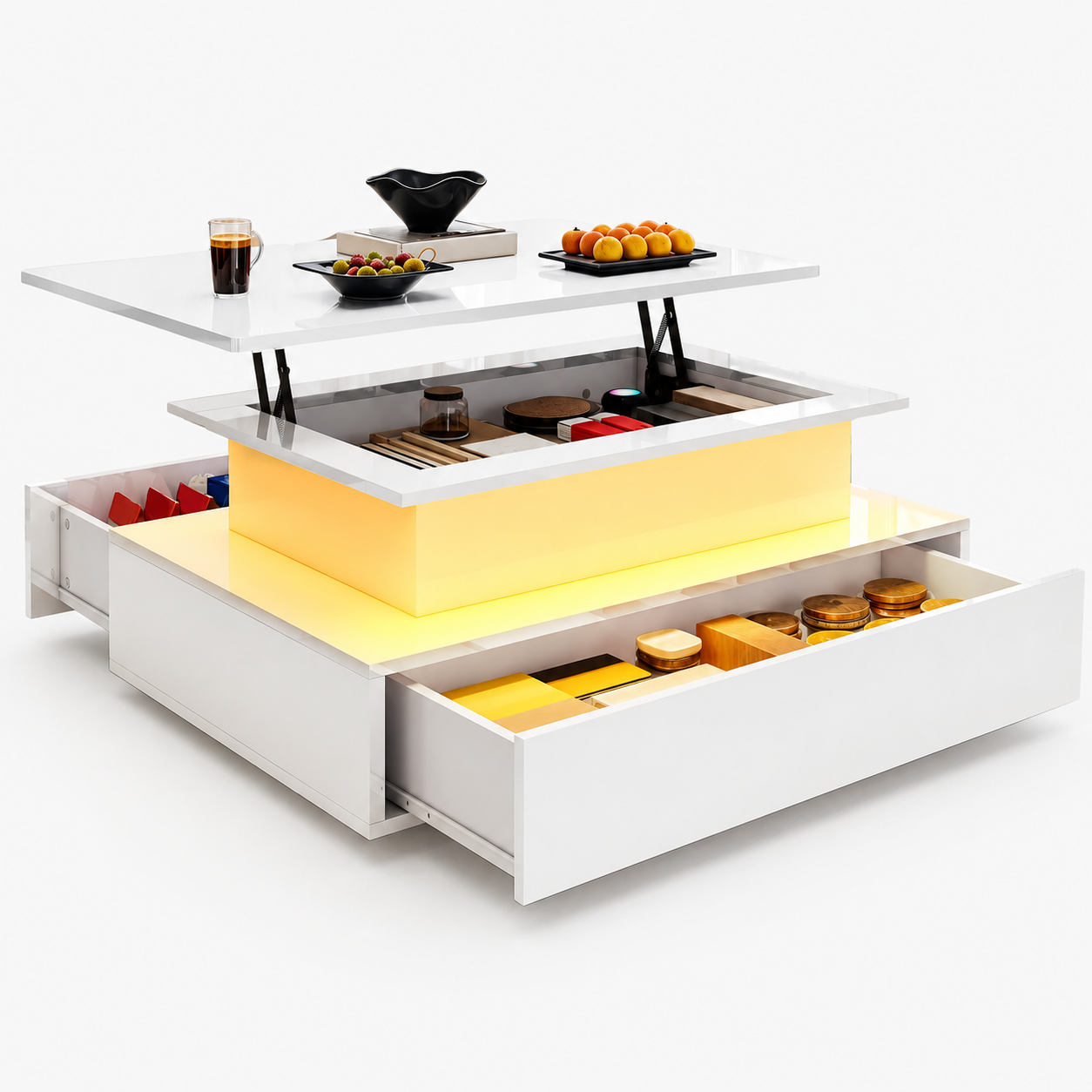 Table basse relevable moderne avec LED et tiroirs – Plateau relevable & LED 16 couleurs