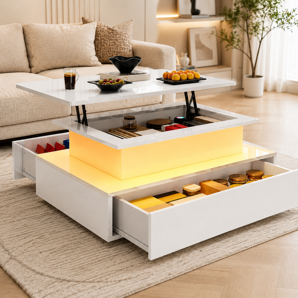 Table basse relevable moderne avec LED et tiroirs – Plateau relevable & LED 16 couleurs