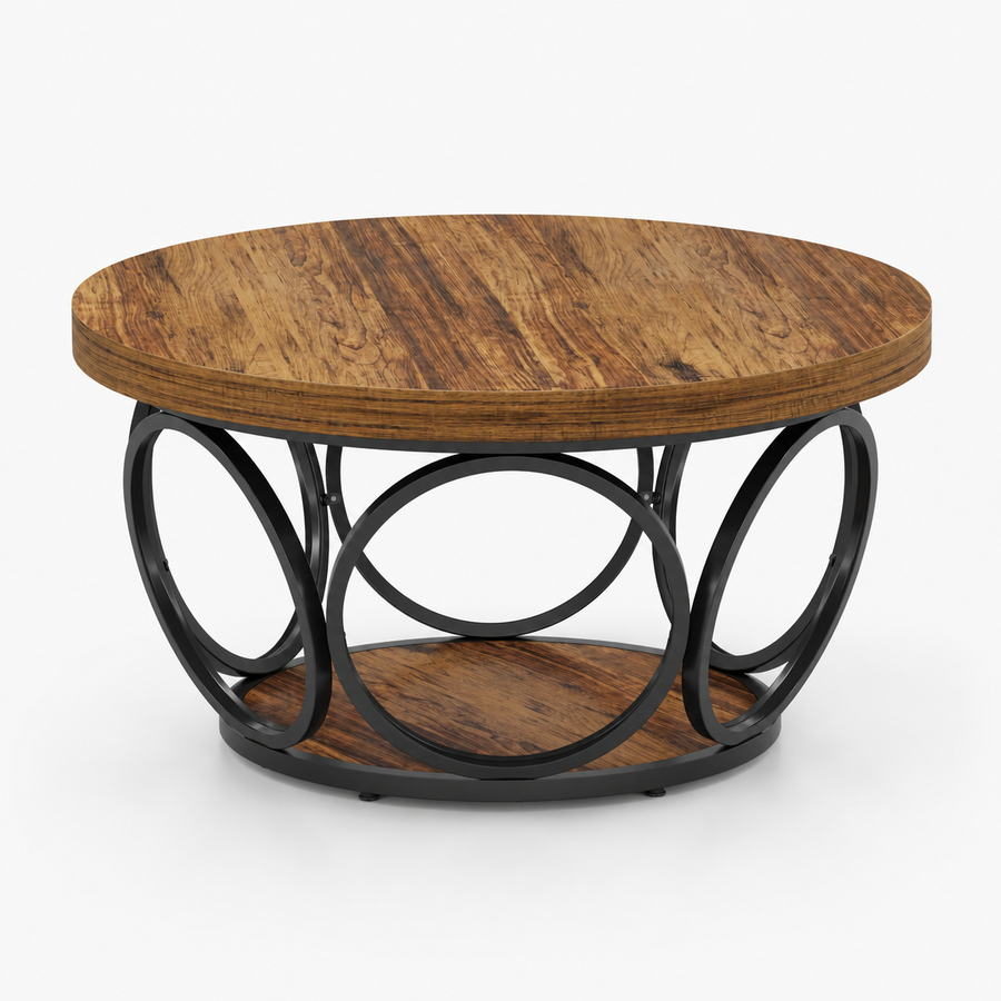 Table basse ronde bois avec rangement à 2 niveaux au style rustique – Bois & métal