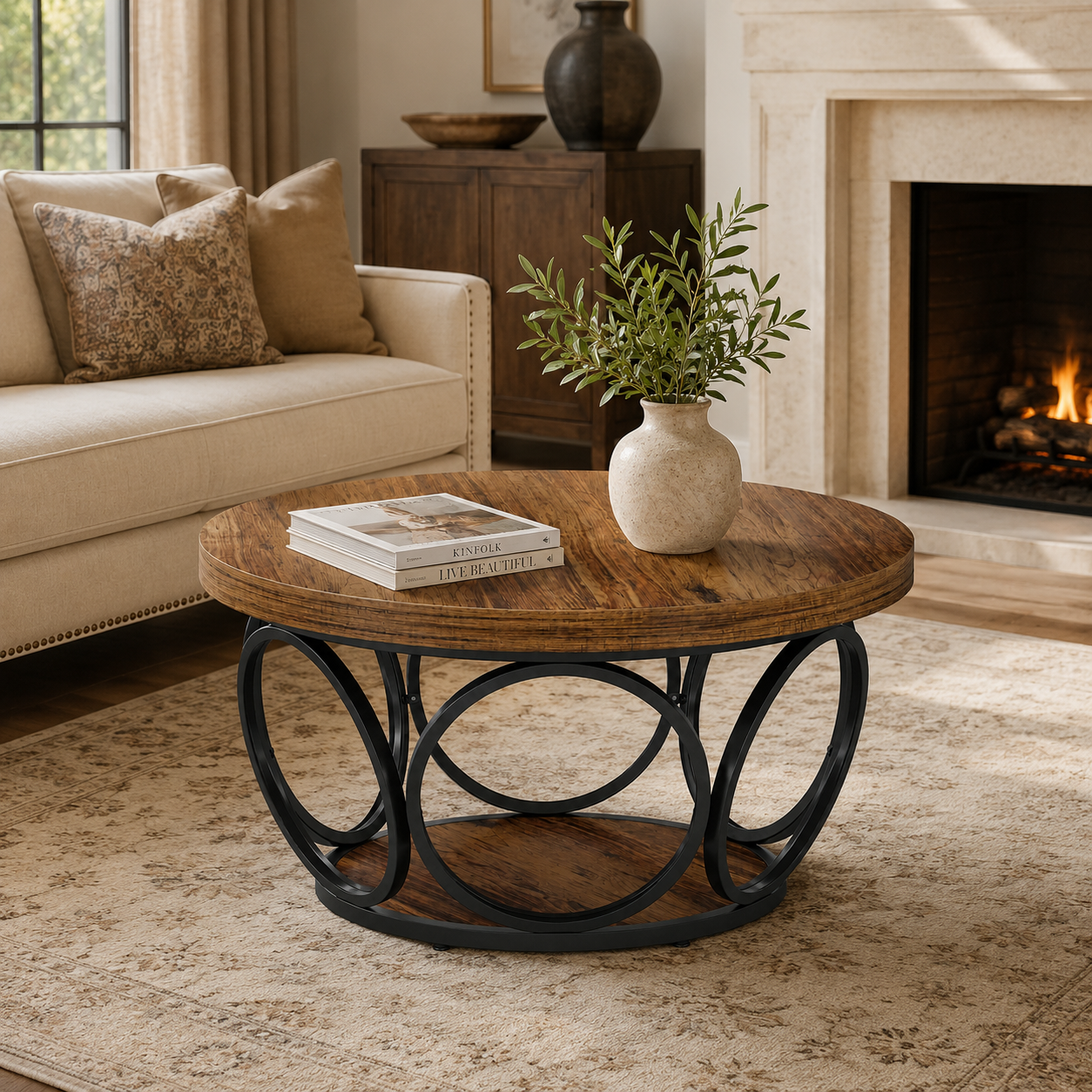 Table basse ronde bois avec rangement à 2 niveaux au style rustique – Bois & métal
