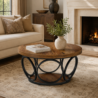 Table basse ronde bois avec rangement à 2 niveaux au style rustique – Bois & métal 2