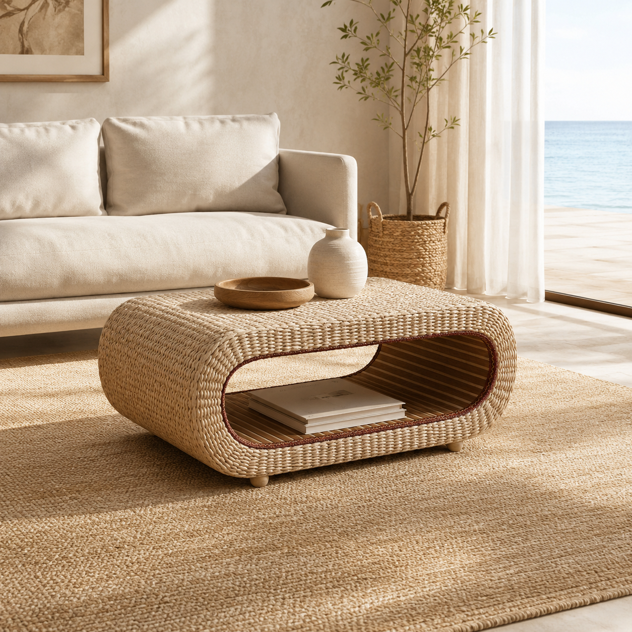 Table basse ovale en rotin naturel pour salon et espace détente – Osier tressé