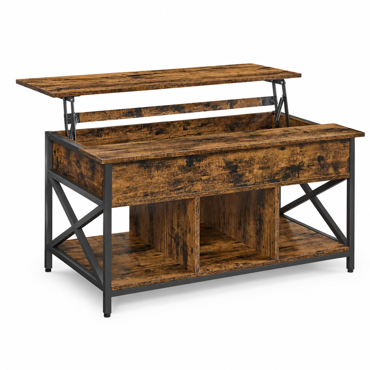 Table basse relevable bois et métal avec rangement – Plateau relevable & rangement caché