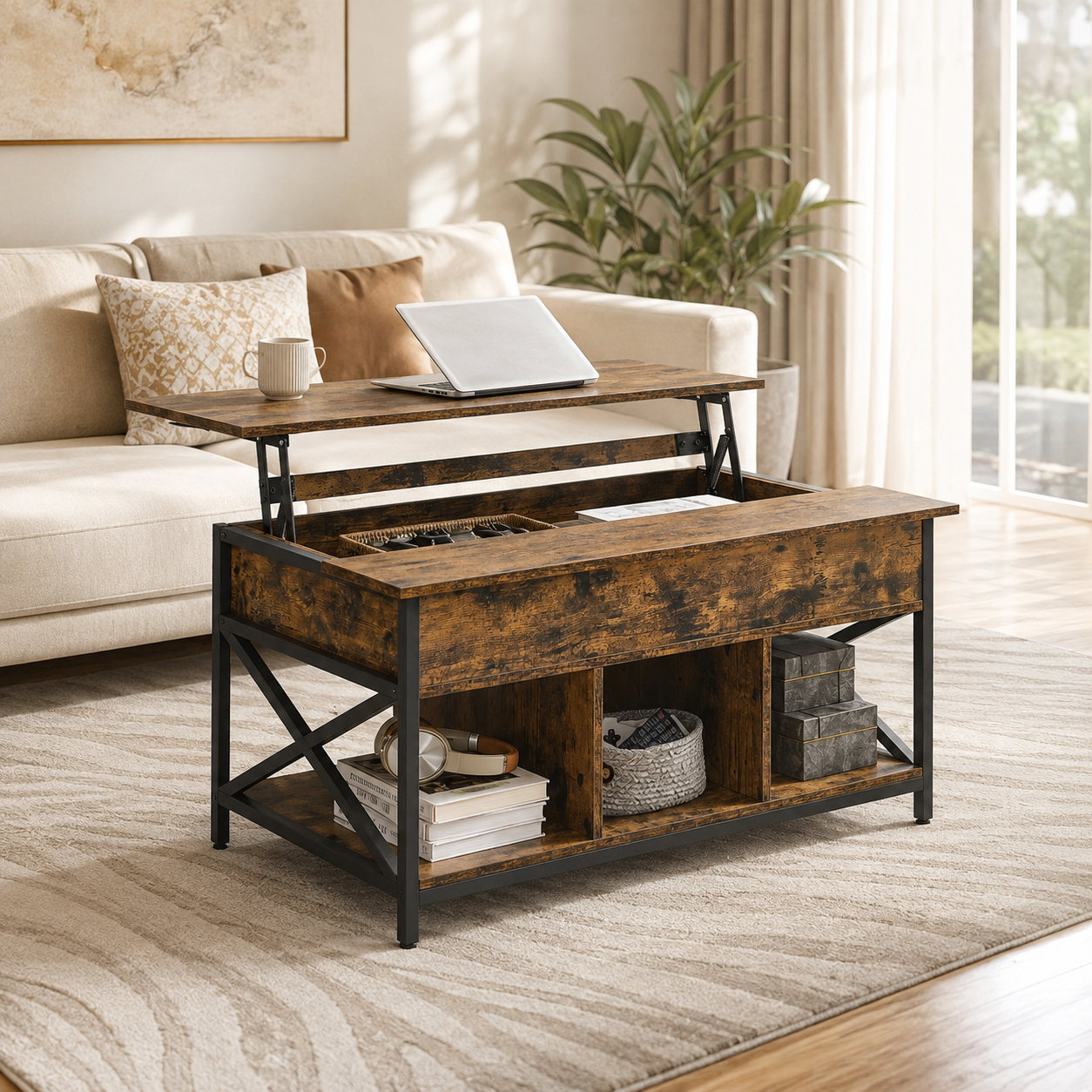 Table basse relevable bois et métal avec rangement – Plateau relevable & rangement caché