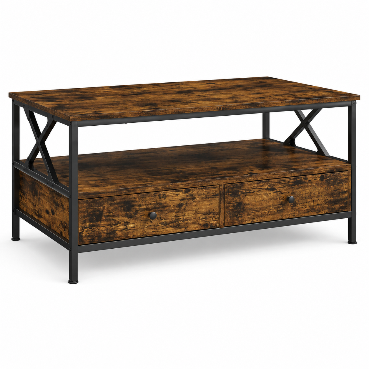Table basse bois rectangulaire avec rangement style campagne – 2 tiroirs & compartiment