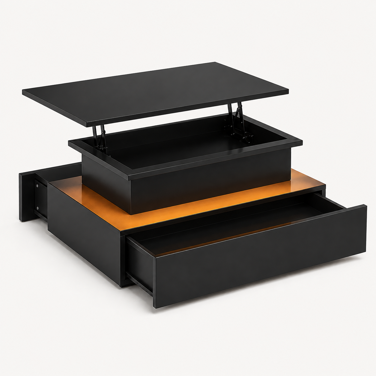 Table basse relevable rectangulaire bois avec éclairage LED – Plateau relevable & LED