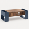 Table basse moderne bois et bleu profond avec rangement – Tiroir central & compartiments