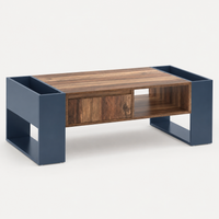 Table basse moderne bois et bleu profond avec rangement – Tiroir central & compartiments 1