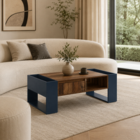 Table basse moderne bois et bleu profond avec rangement – Tiroir central & compartiments 3