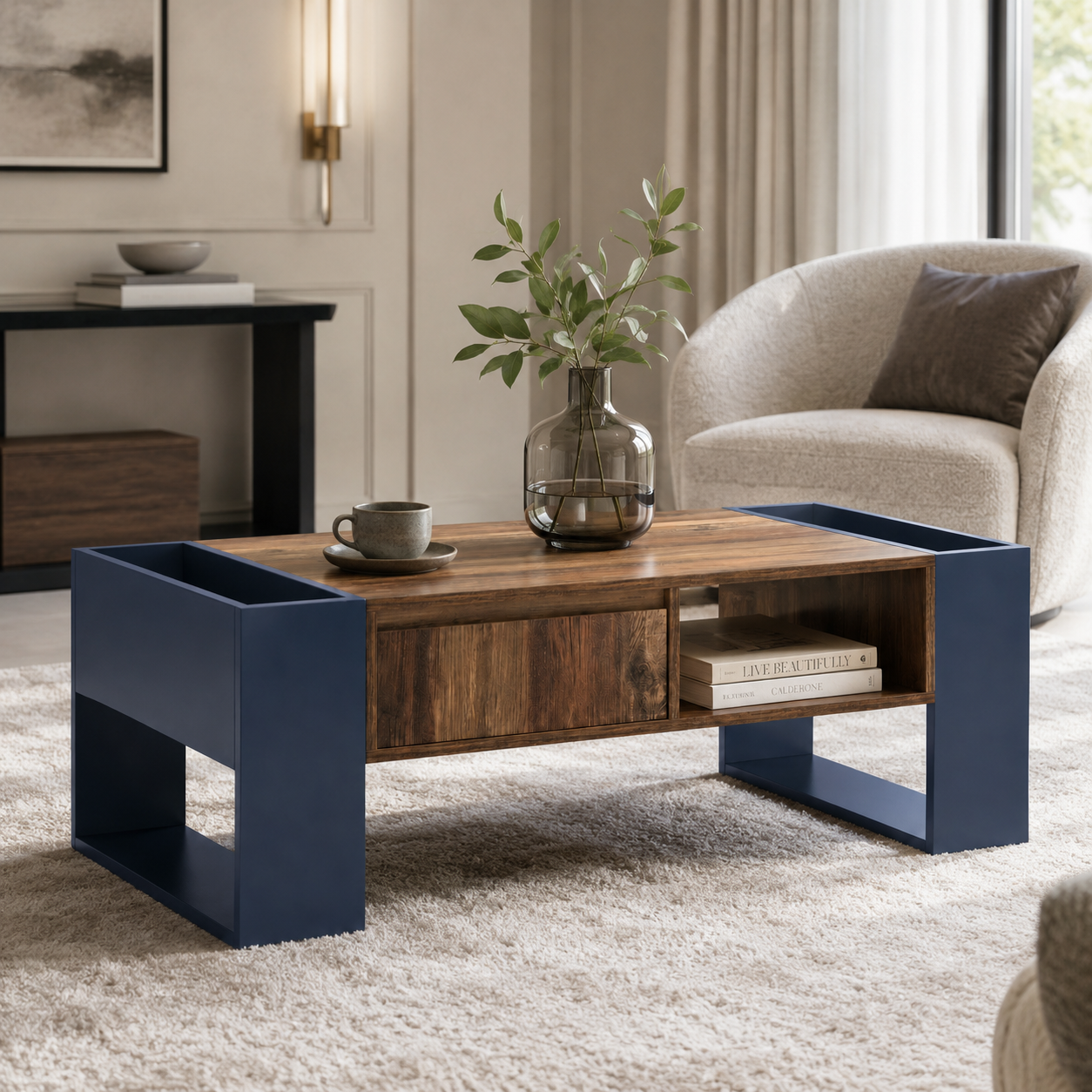 Table basse moderne bois et bleu profond avec rangement – Tiroir central & compartiments