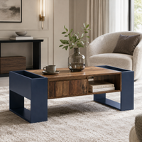 Table basse moderne bois et bleu profond avec rangement – Tiroir central & compartiments 2