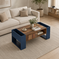 Table basse moderne bois et bleu profond avec rangement – Tiroir central & compartiments 4