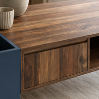 Table basse moderne bois et bleu profond avec rangement – Tiroir central & compartiments 5
