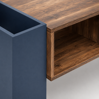 Table basse moderne bois et bleu profond avec rangement – Tiroir central & compartiments 6