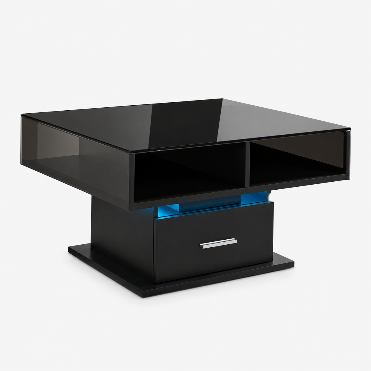 Table basse relevable extensible avec vitrine et LED – Plateau relevable & LED connectée
