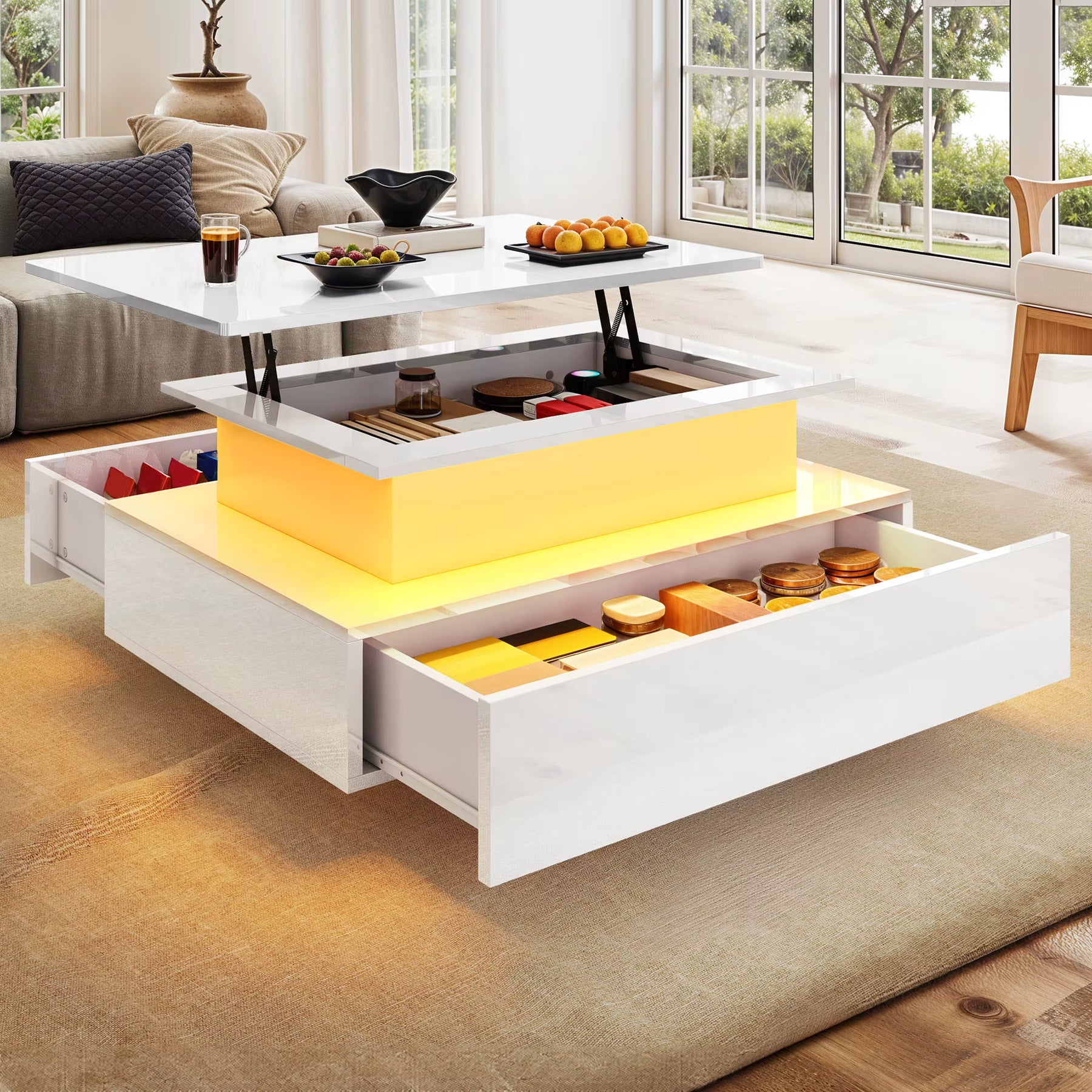 Table basse relevable moderne avec LED et tiroirs – Plateau relevable & LED 16 couleurs
