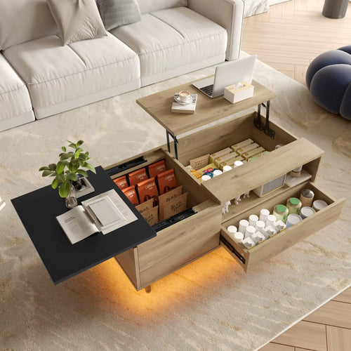 Table basse relevable en bois et métal avec LED – Plateau relevable & rangement
