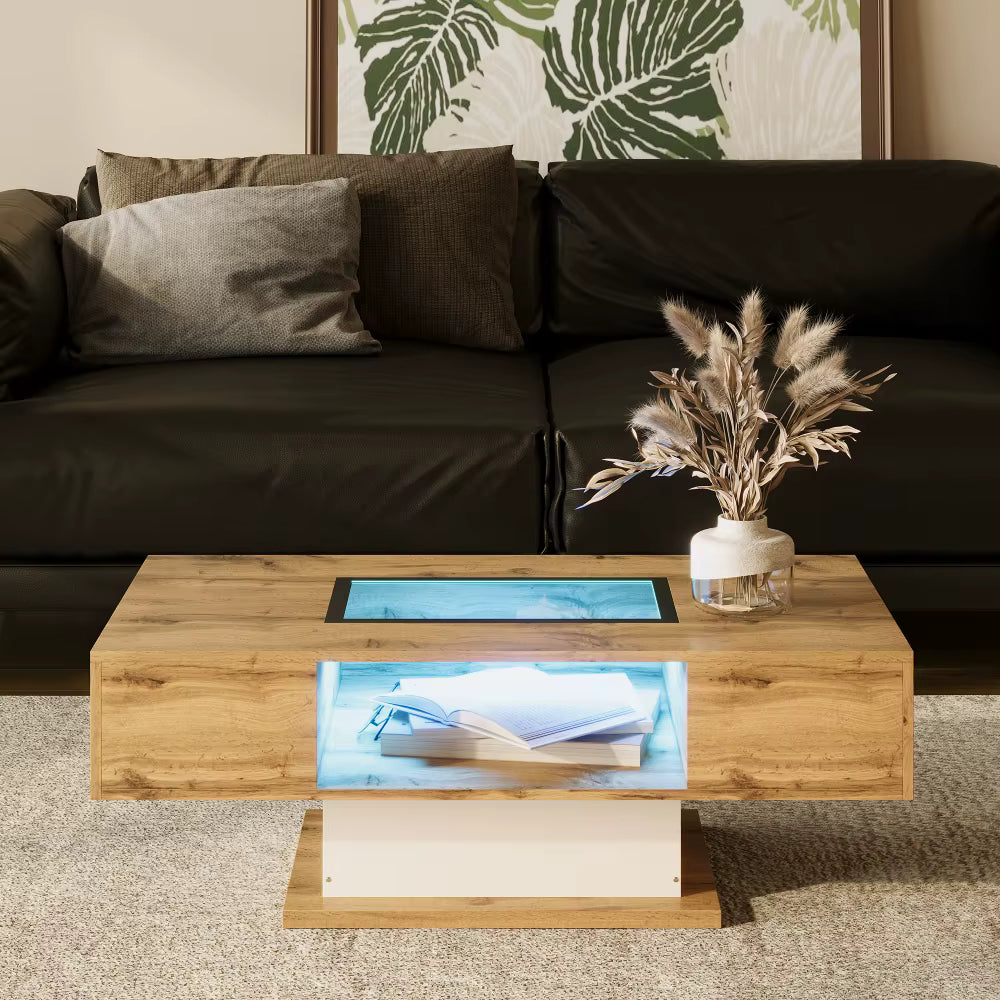 Table basse bois et verre moderne avec LED et rangements – Vitrine LED & 2 tiroirs