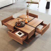 Table basse carrée bois et noir avec tiroirs de rangement – 4 tiroirs & plateau inférieur 3