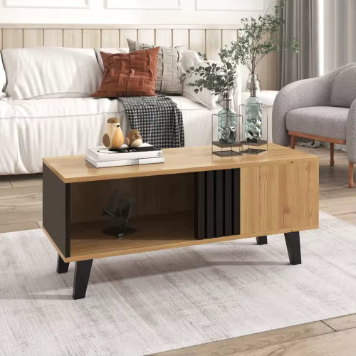 Table basse rectangulaire design moderne – Bois & noir, tiroir et niches
