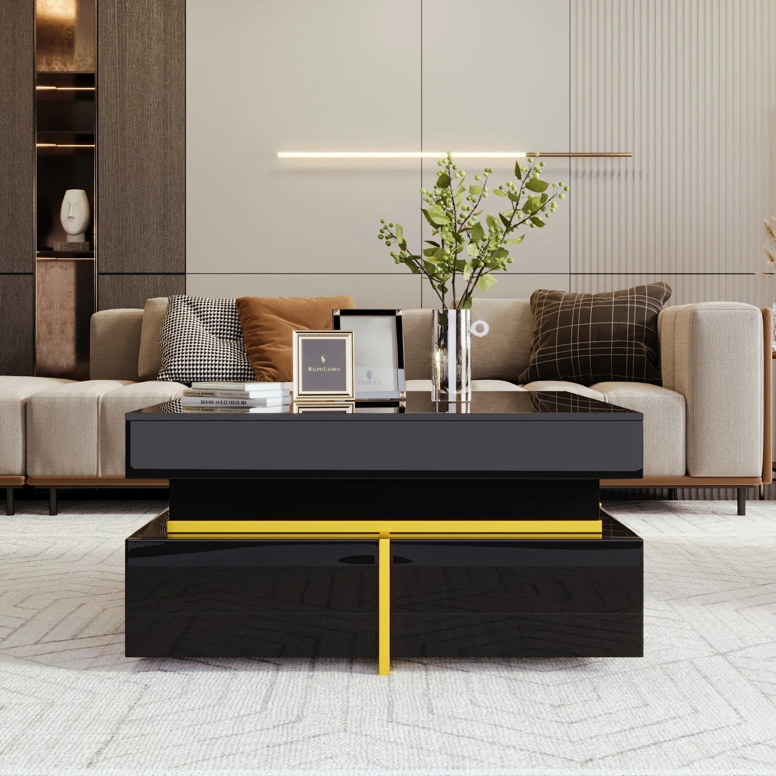 Table basse carrée noire et dorée avec rangements design – Accents dorés & 2 tiroirs