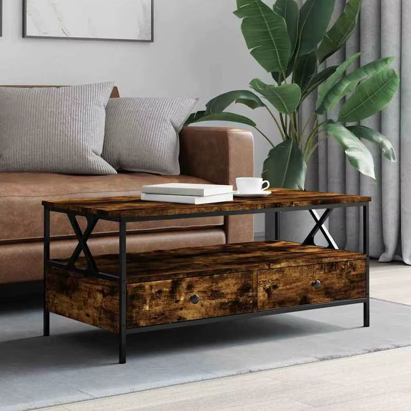 Table basse bois rectangulaire avec rangement style campagne – 2 tiroirs & compartiment