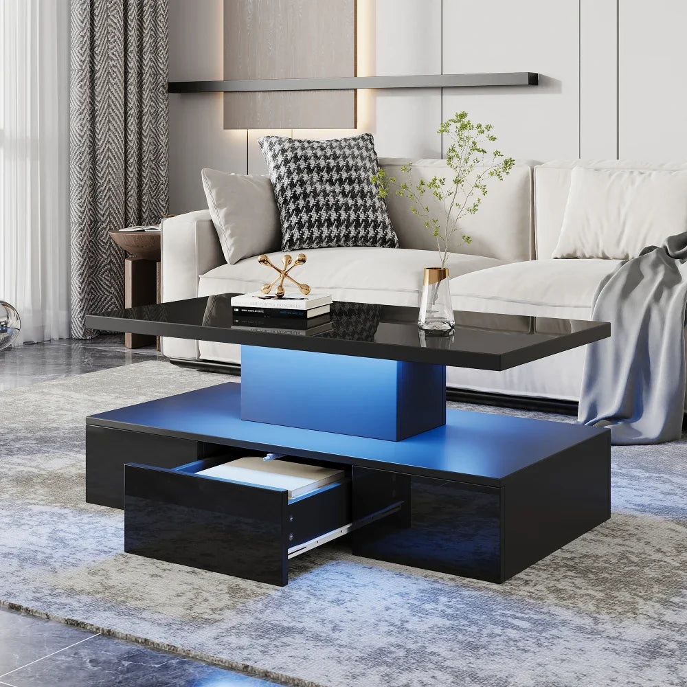 Table basse rectangulaire noire à double plateau avec LED et rangement – LED 16 couleurs
