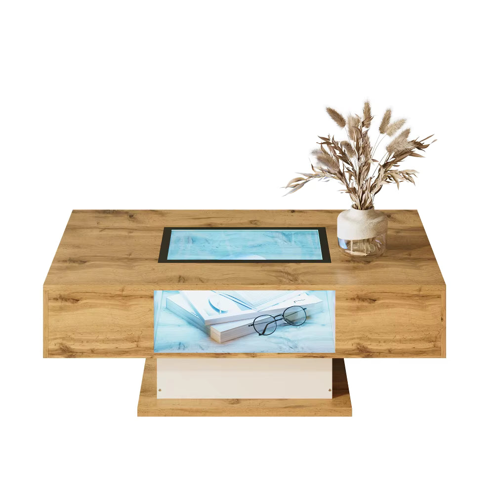 Table basse bois et verre moderne avec LED et rangements – Vitrine LED & 2 tiroirs
