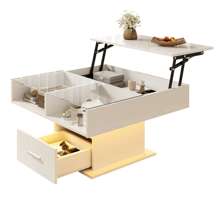 Table basse relevable avec LED et rangement – Plateau relevable & LED Bluetooth