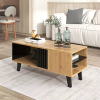 Table basse rectangulaire design moderne – Bois & noir, tiroir et niches 4