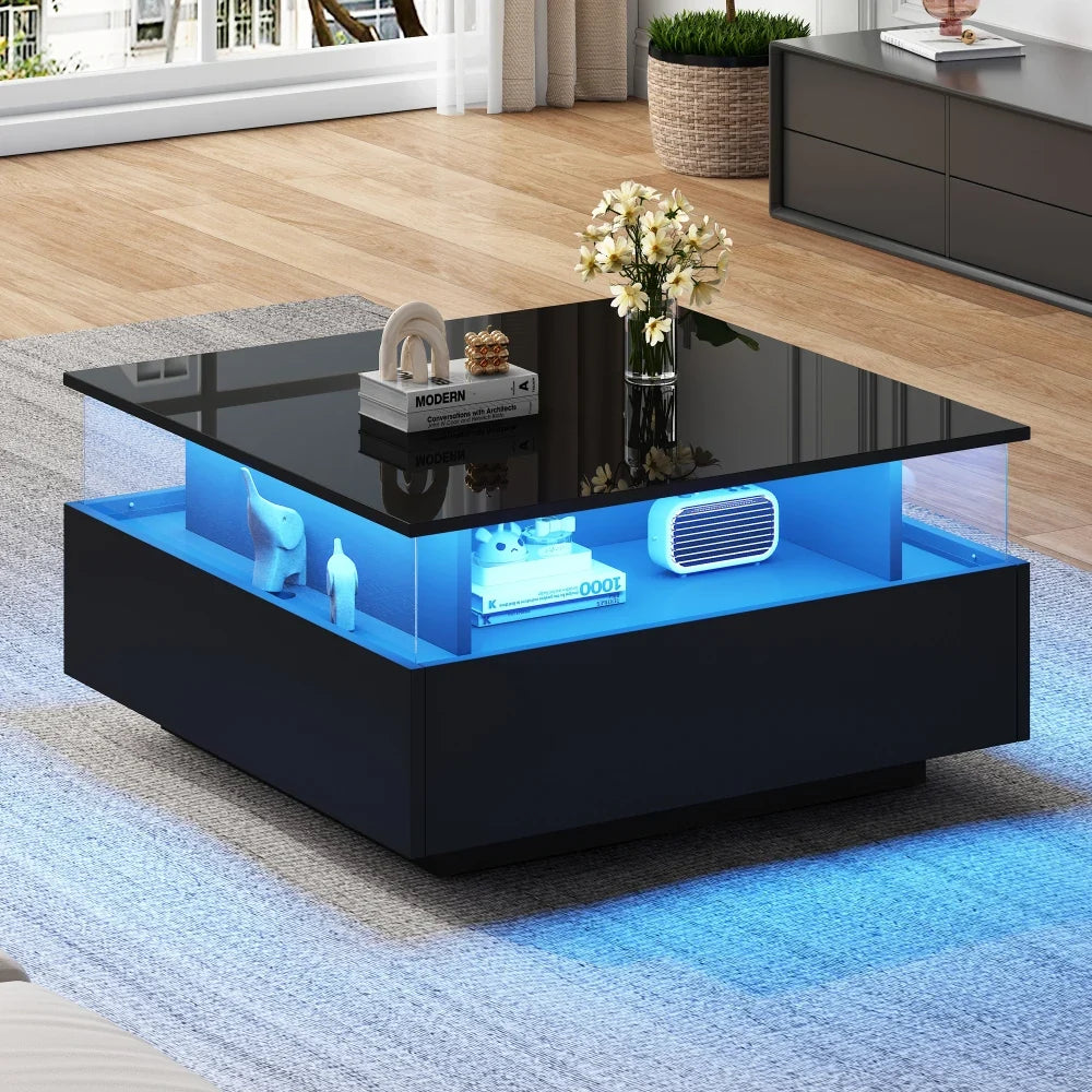 Table basse carrée avec vitrine et LED – Vitrine & LED personnalisable