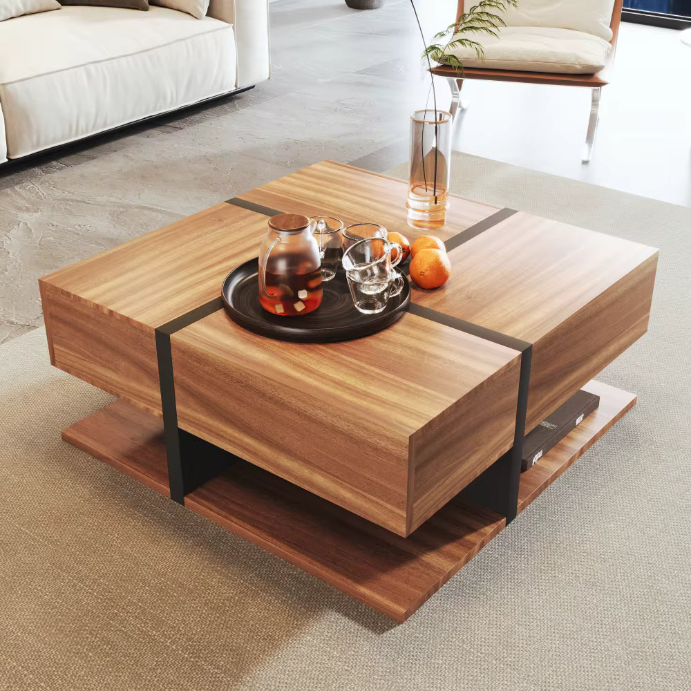 Table basse carrée bois et noir avec tiroirs de rangement – 4 tiroirs & plateau inférieur