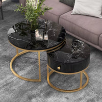 Table basse ronde gigogne effet marbre design noir – Métal doré, 2 tables 3