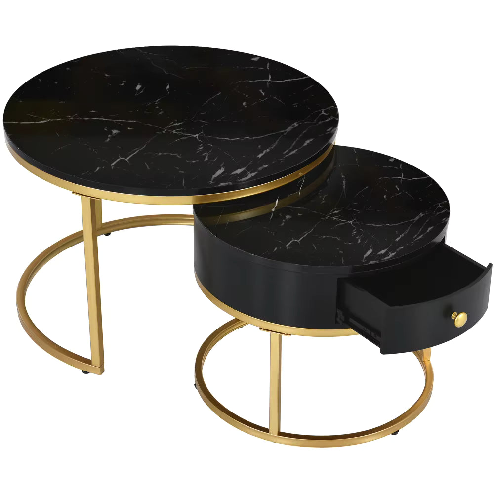 Table basse ronde gigogne effet marbre design noir – Métal doré, 2 tables